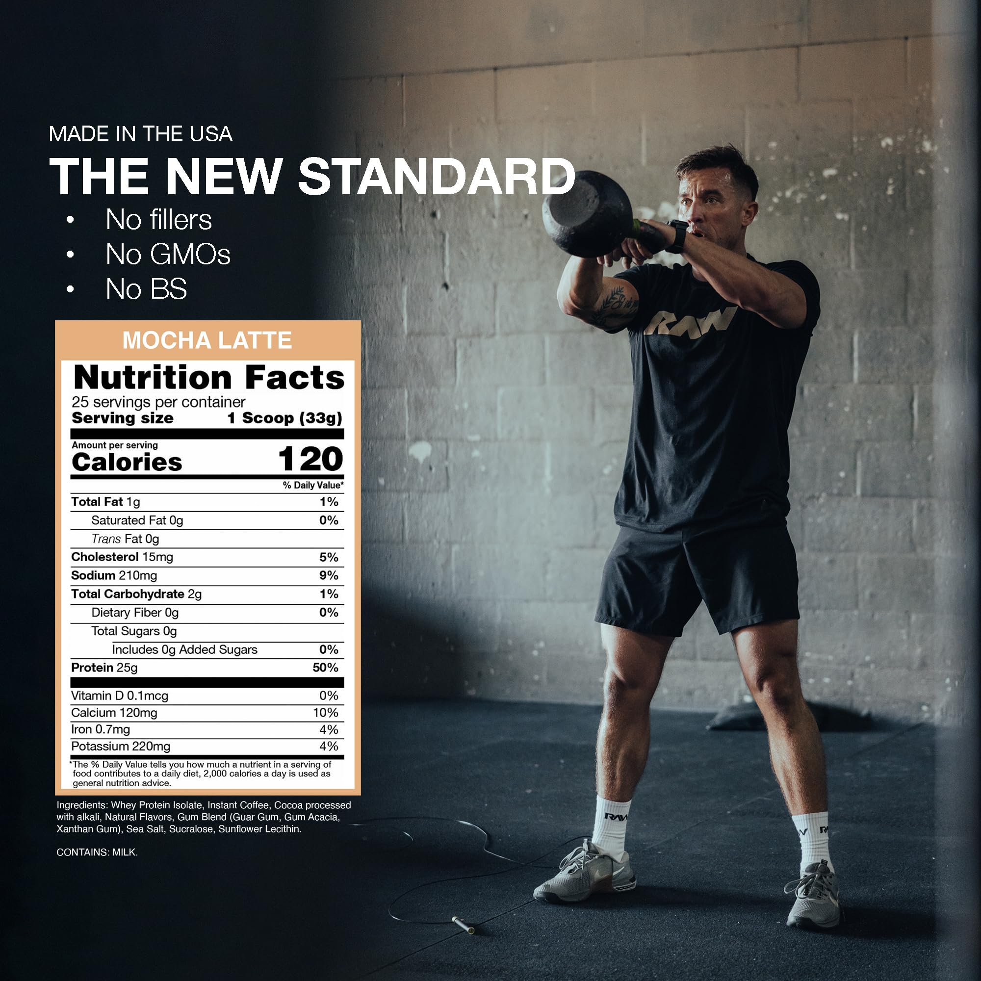 Close-up of 2.25 lb RAW container highlighting low fat and low carb profile.