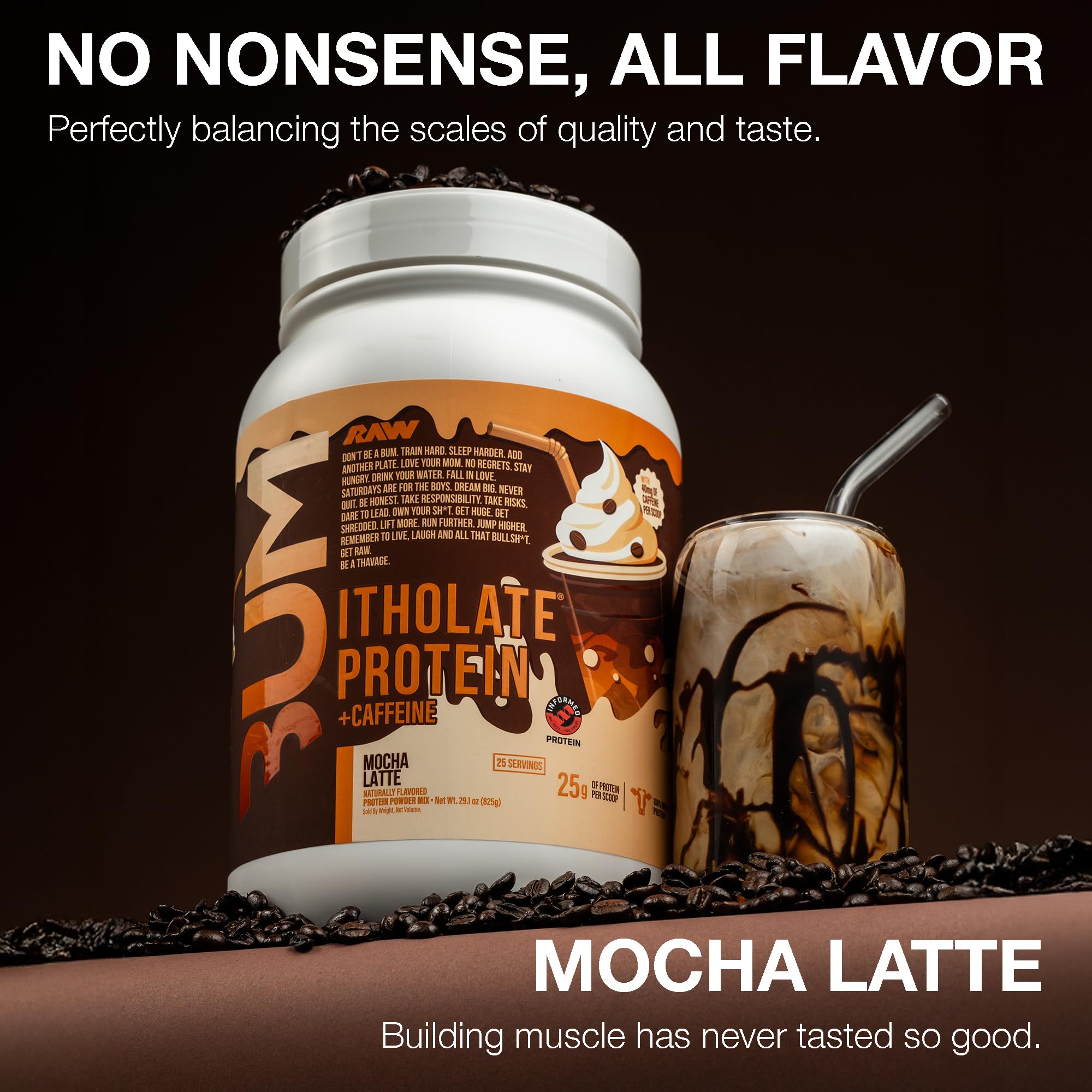 RAW Itholate Mocha Latte label close-up emphasizes hormone-free isolate.