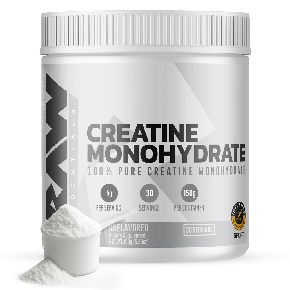 RAW Nutrition creatine monohydrate powder bottle for stronger workouts