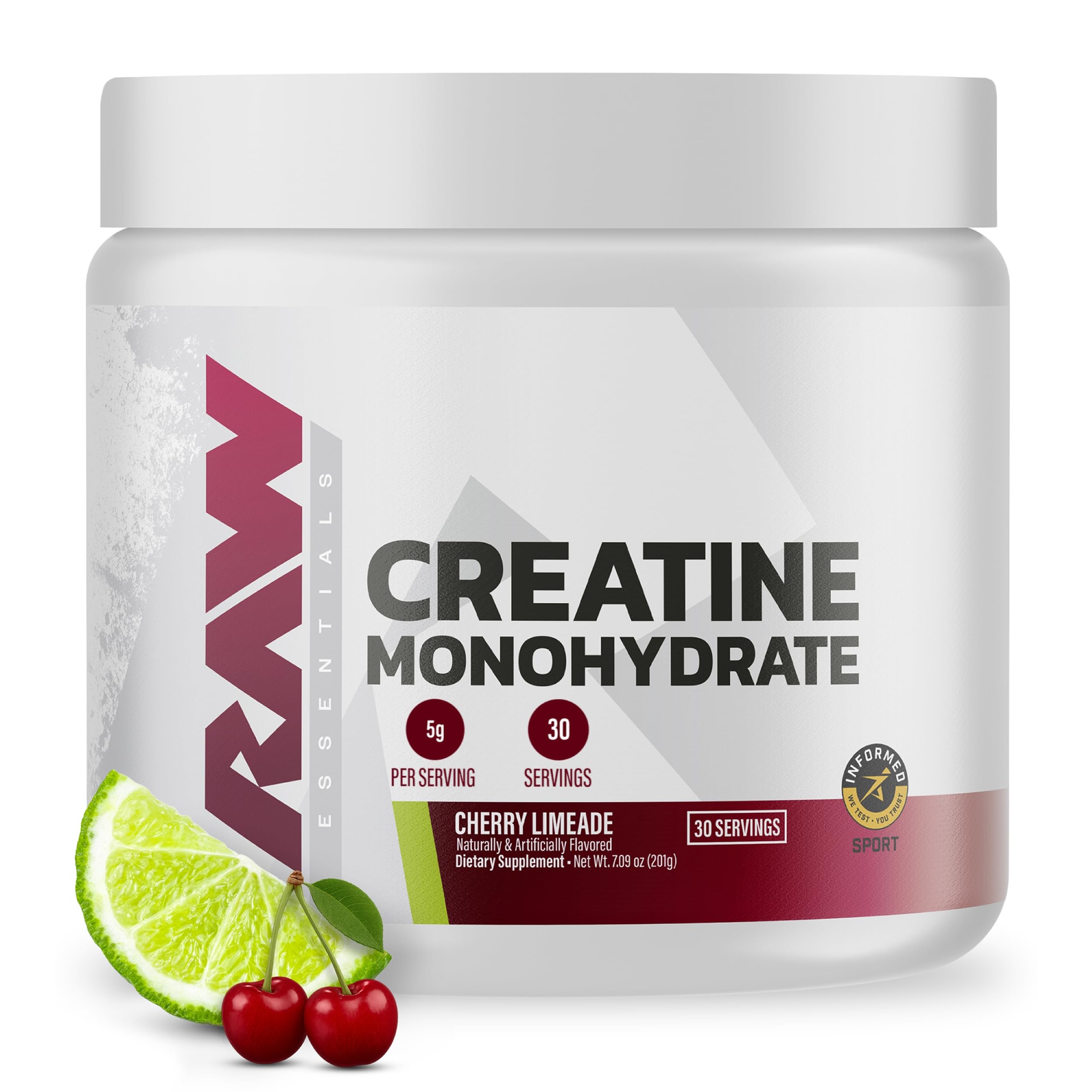 RAW Nutrition Creatine Monohydrate Cherry Limeade jar enhances workout energy.