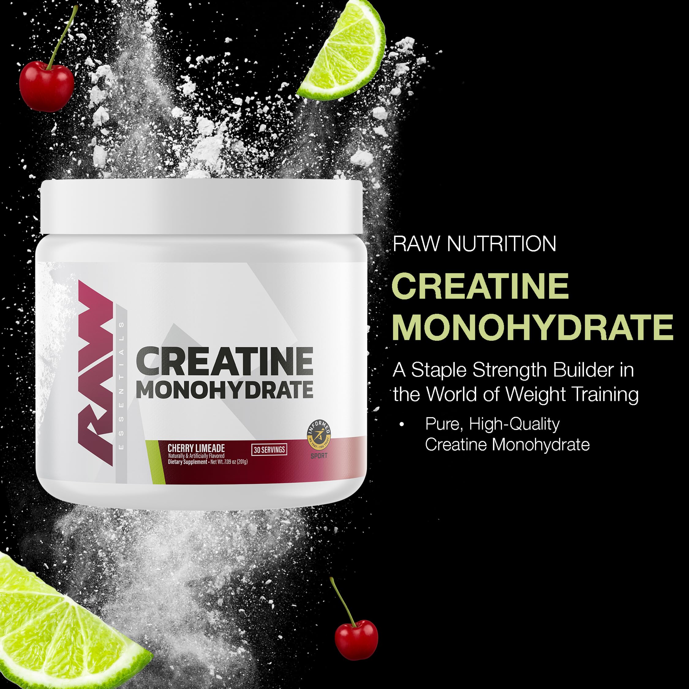 RAW Nutrition creatine monohydrate powder dissolves easily in water for quick use.