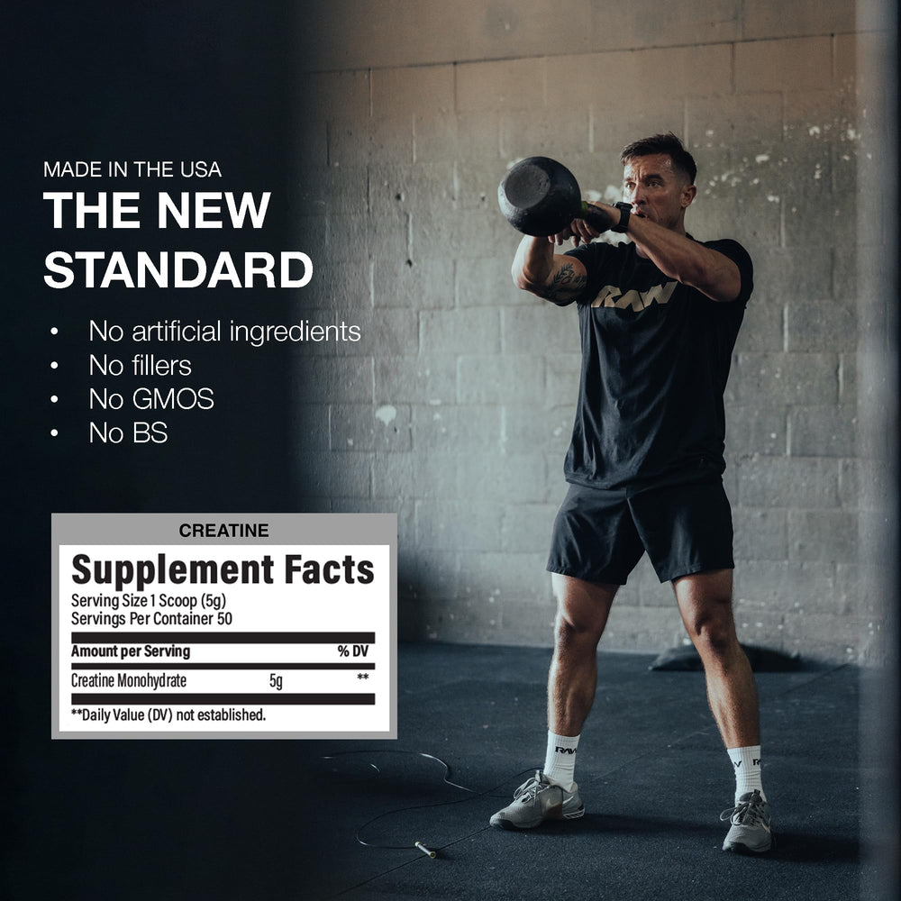 RAW Nutrition creatine monohydrate powder glass-stir shows easy dissolution in liquid.