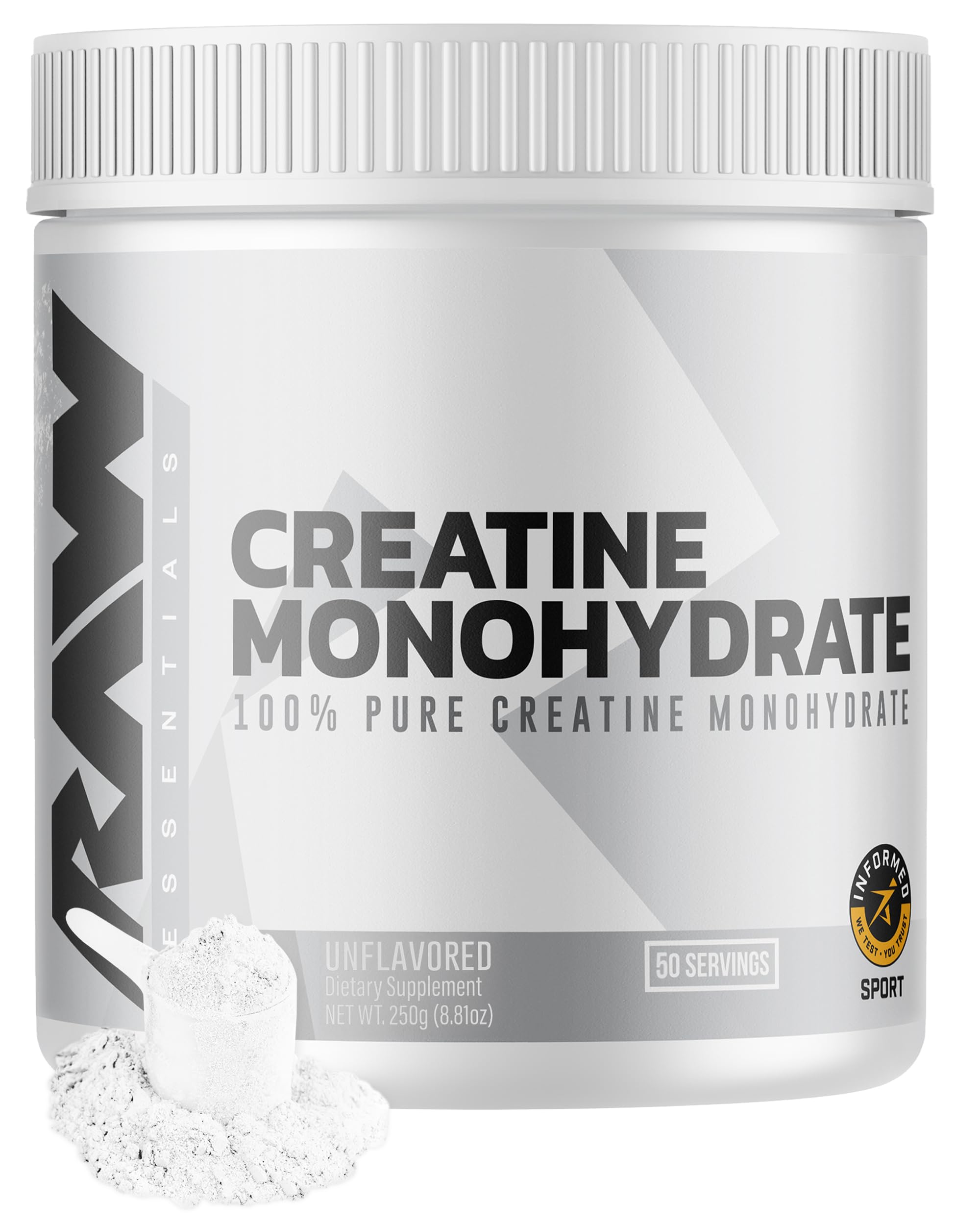 RAW Nutrition creatine monohydrate powder jar front highlights pure formula for muscle energy support.
