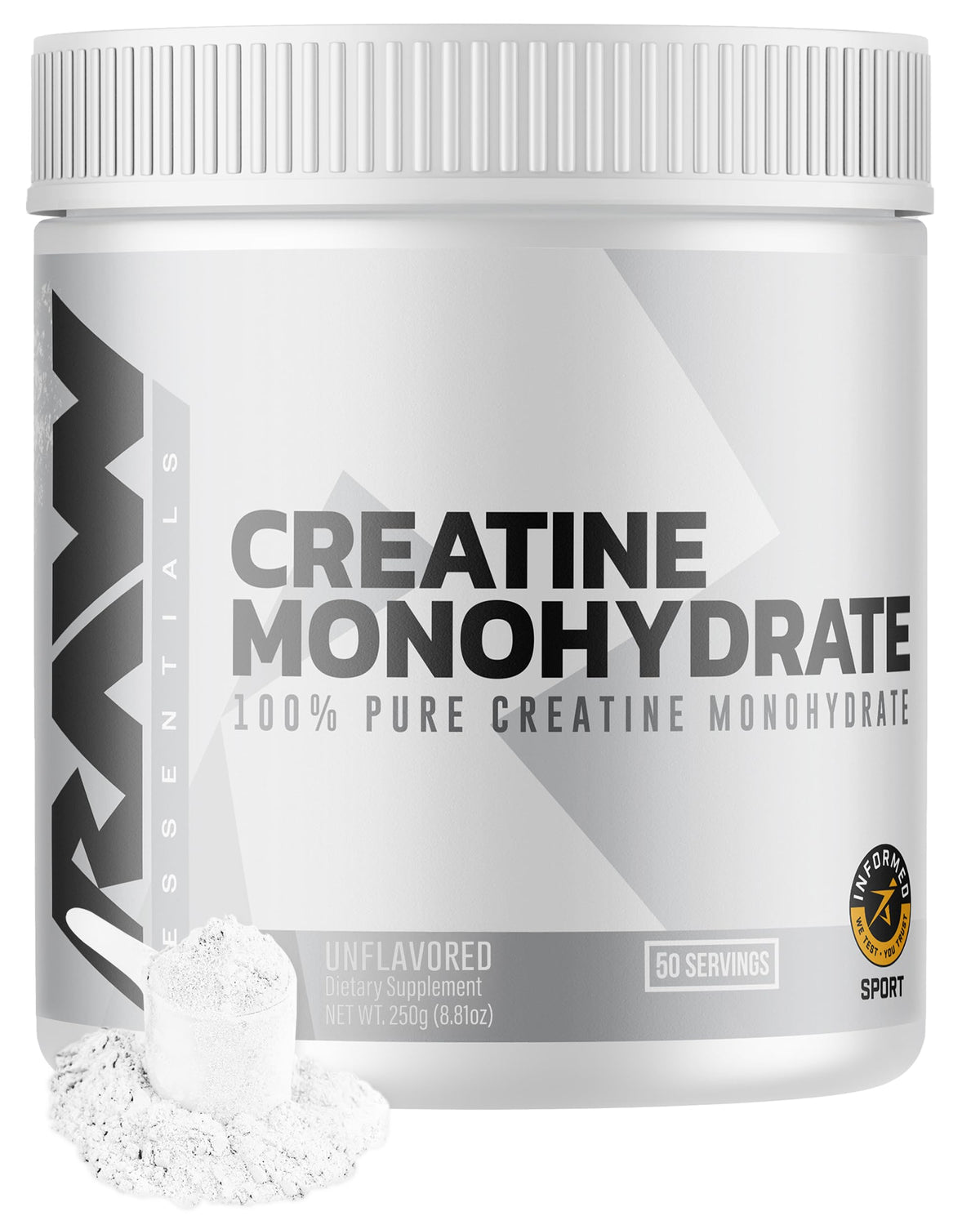 RAW Nutrition creatine monohydrate powder jar front highlights pure formula for muscle energy support.
