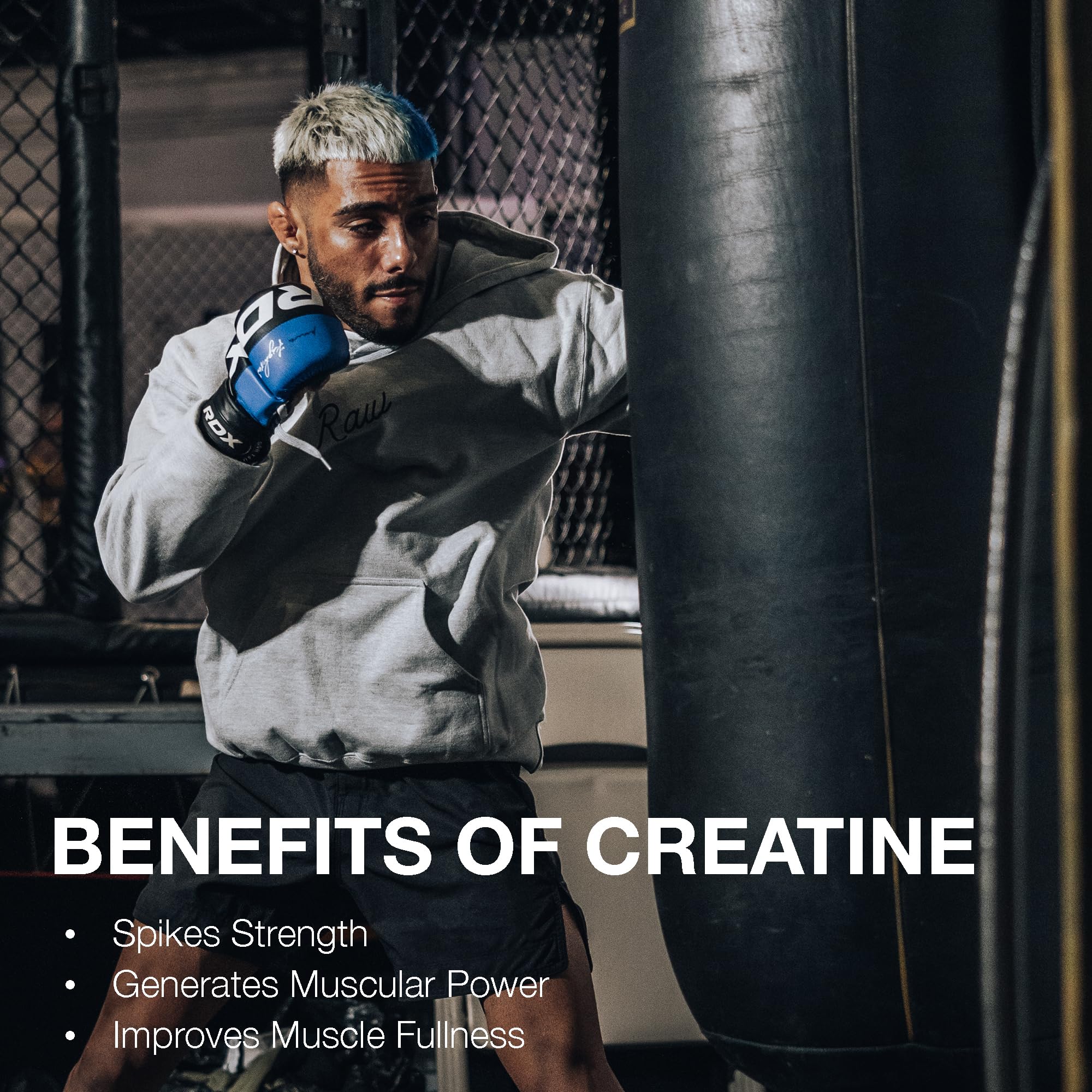 RAW Nutrition creatine monohydrate powder jar-label close-up emphasizes premium, additive-free formula.