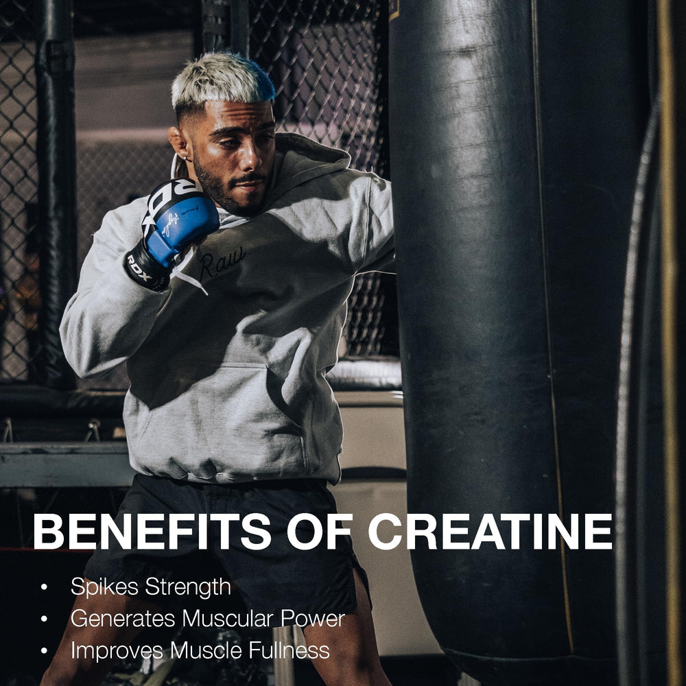 RAW Nutrition creatine monohydrate powder jar-label close-up emphasizes premium, additive-free formula.