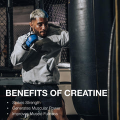 RAW Nutrition creatine monohydrate powder jar-label close-up emphasizes premium, additive-free formula.