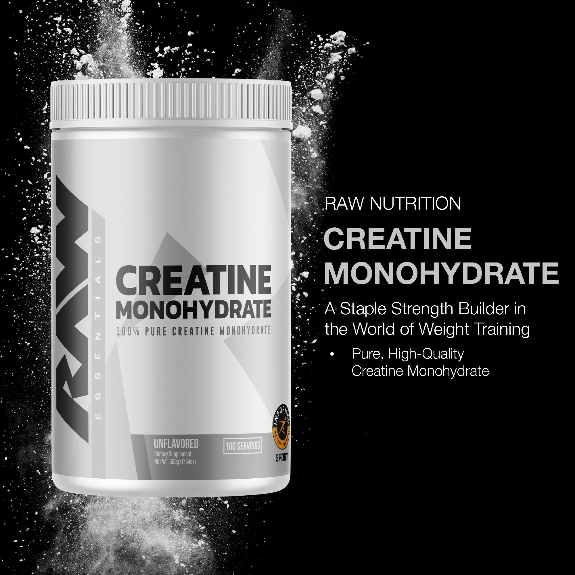 RAW Nutrition creatine monohydrate powder closeup of micronized texture for fast mixing