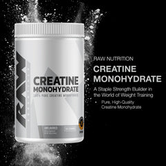 RAW Nutrition creatine monohydrate powder closeup of micronized texture for fast mixing