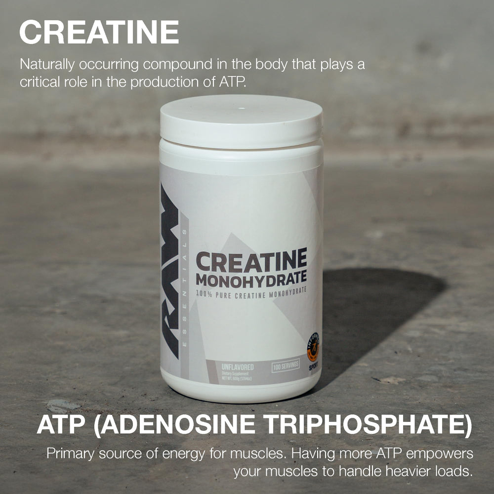 Scoop-ready RAW Nutrition creatine monohydrate powder for easy daily dosing