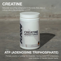Scoop-ready RAW Nutrition creatine monohydrate powder for easy daily dosing