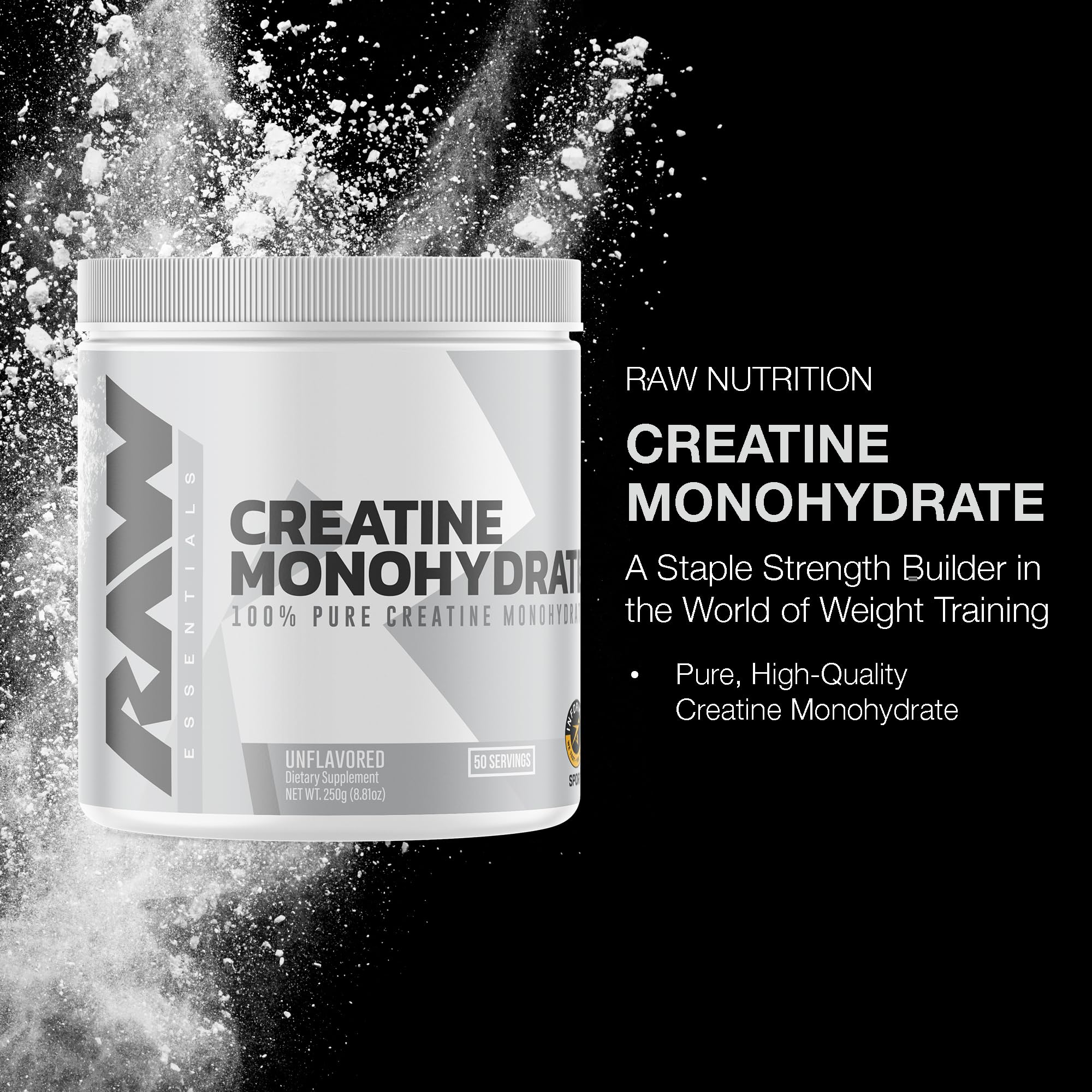 RAW Nutrition creatine monohydrate powder scoop demonstrates easy measurement for consistent dosing.