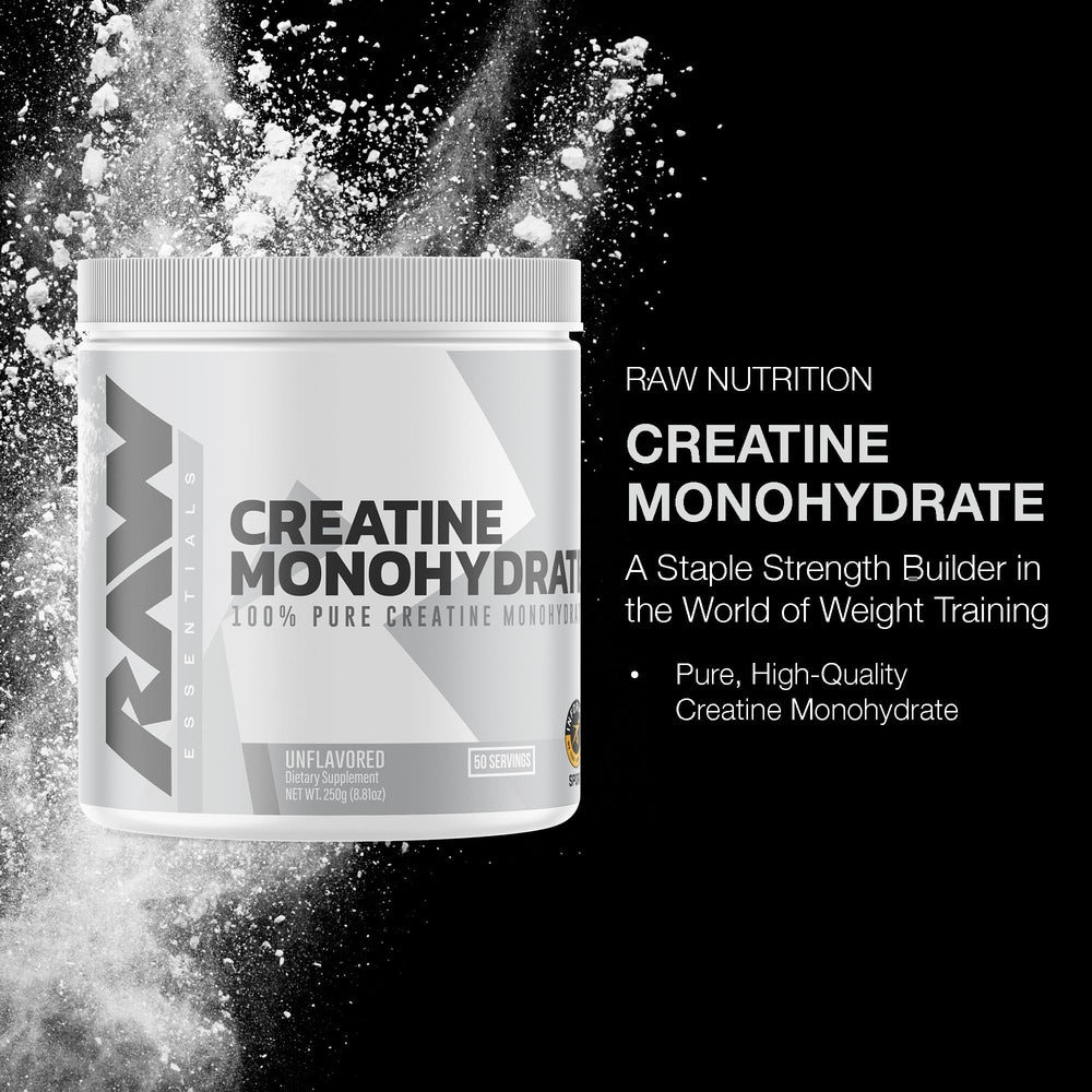 RAW Nutrition creatine monohydrate powder scoop demonstrates easy measurement for consistent dosing.