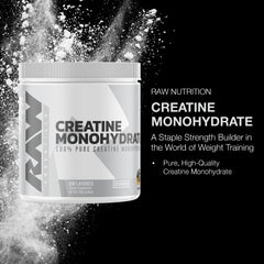 RAW Nutrition creatine monohydrate powder scoop demonstrates easy measurement for consistent dosing.