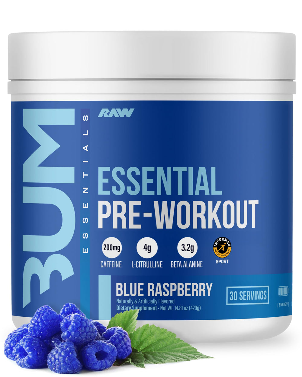 RAW Nutrition Essential Pre blue raspberry bottle-front view boosts workout energy.