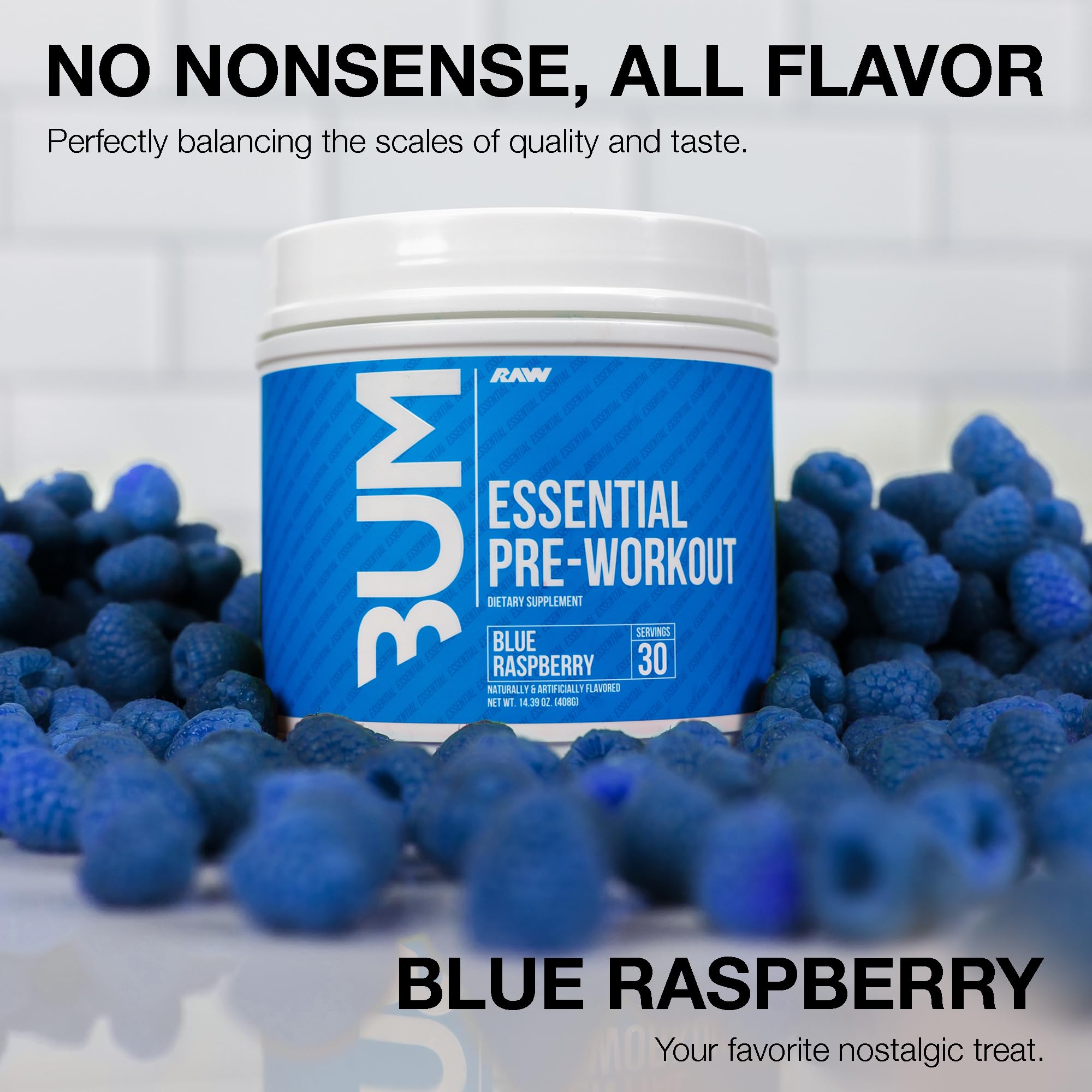 RAW Nutrition Essential Pre blue-raz-scoop-dispensing demonstrates convenient one-scoop serving.