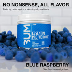 RAW Nutrition Essential Pre blue-raz-scoop-dispensing demonstrates convenient one-scoop serving.