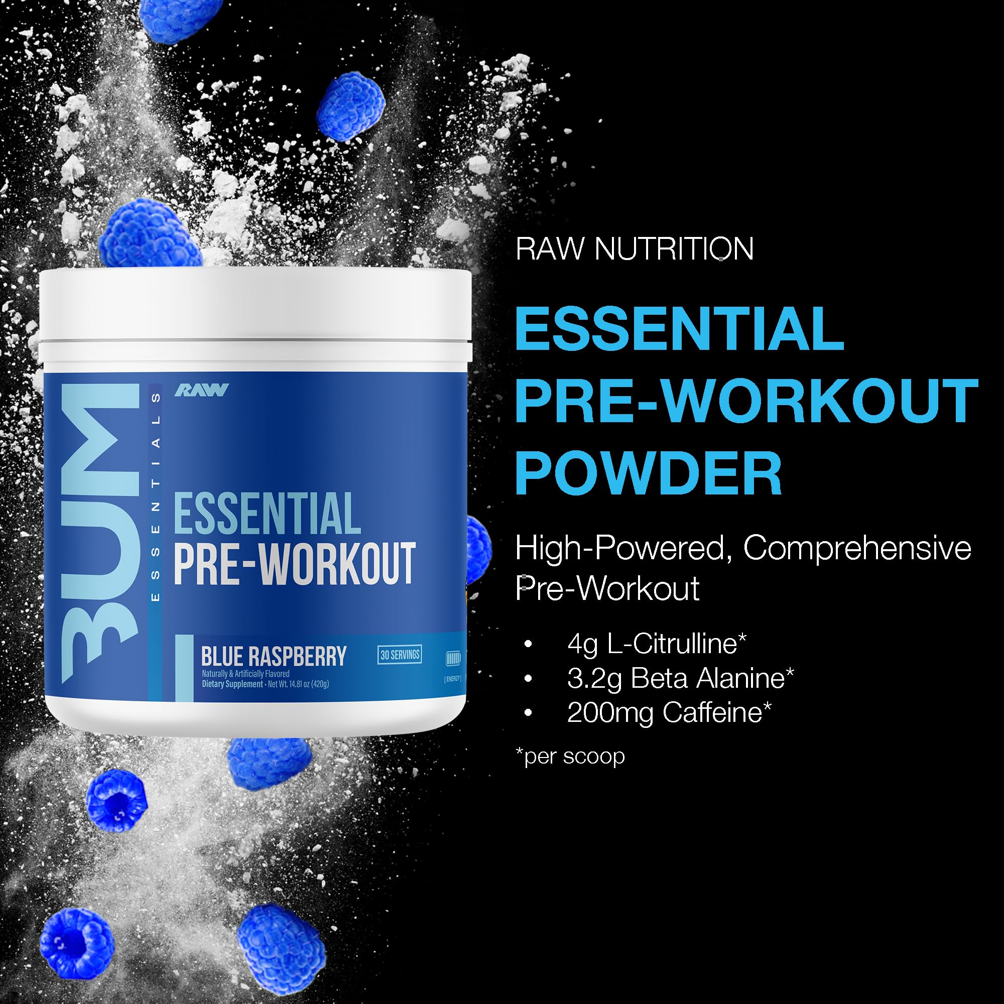 RAW Nutrition Essential Pre blue-raz-tub-scene communicates premium pre-workout quality.