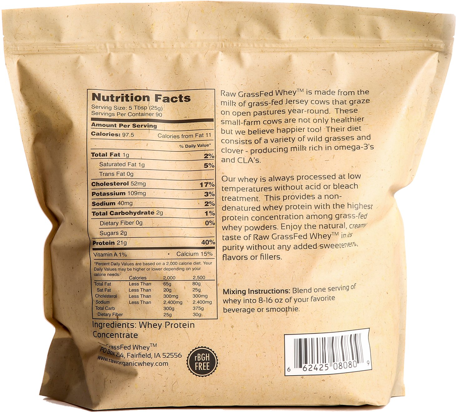 Raw Organic Whey bag close-up shows undenatured protein with no additives for versatile use