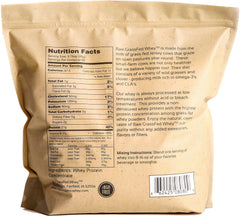 Raw Organic Whey bag close-up shows undenatured protein with no additives for versatile use