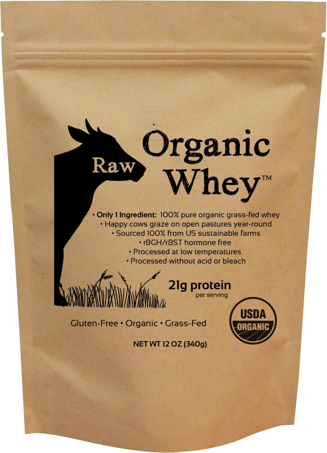 Raw Organic Whey front label image highlights grass-fed protein for clean nutrition.