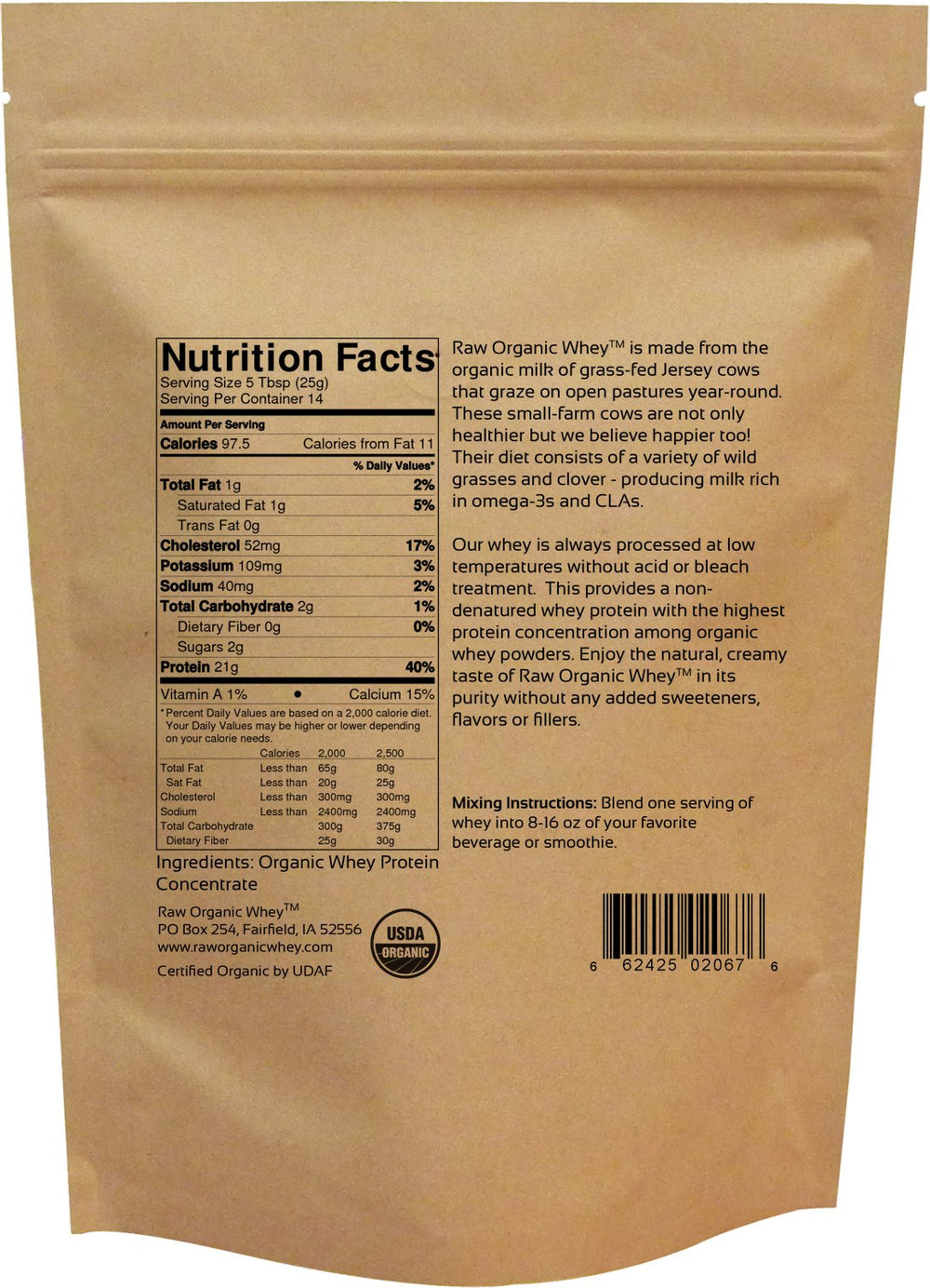 Raw Organic Whey powder in spoon emphasizes unsweetened, unflavored formula for versatile shakes.