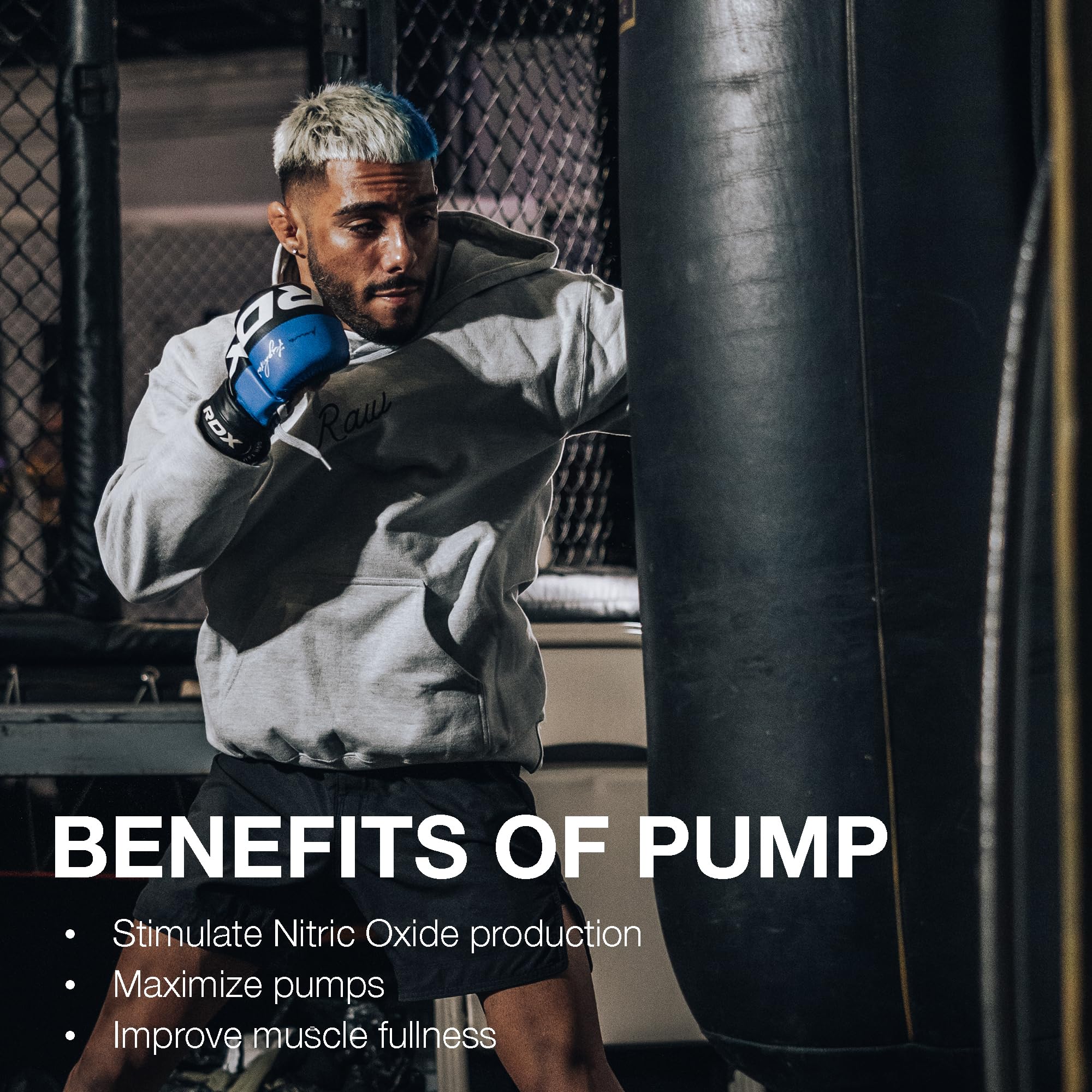 RAW Pump Stim Free ingredient panel highlights Nitrosigine and Citrulline for nitric oxide support.