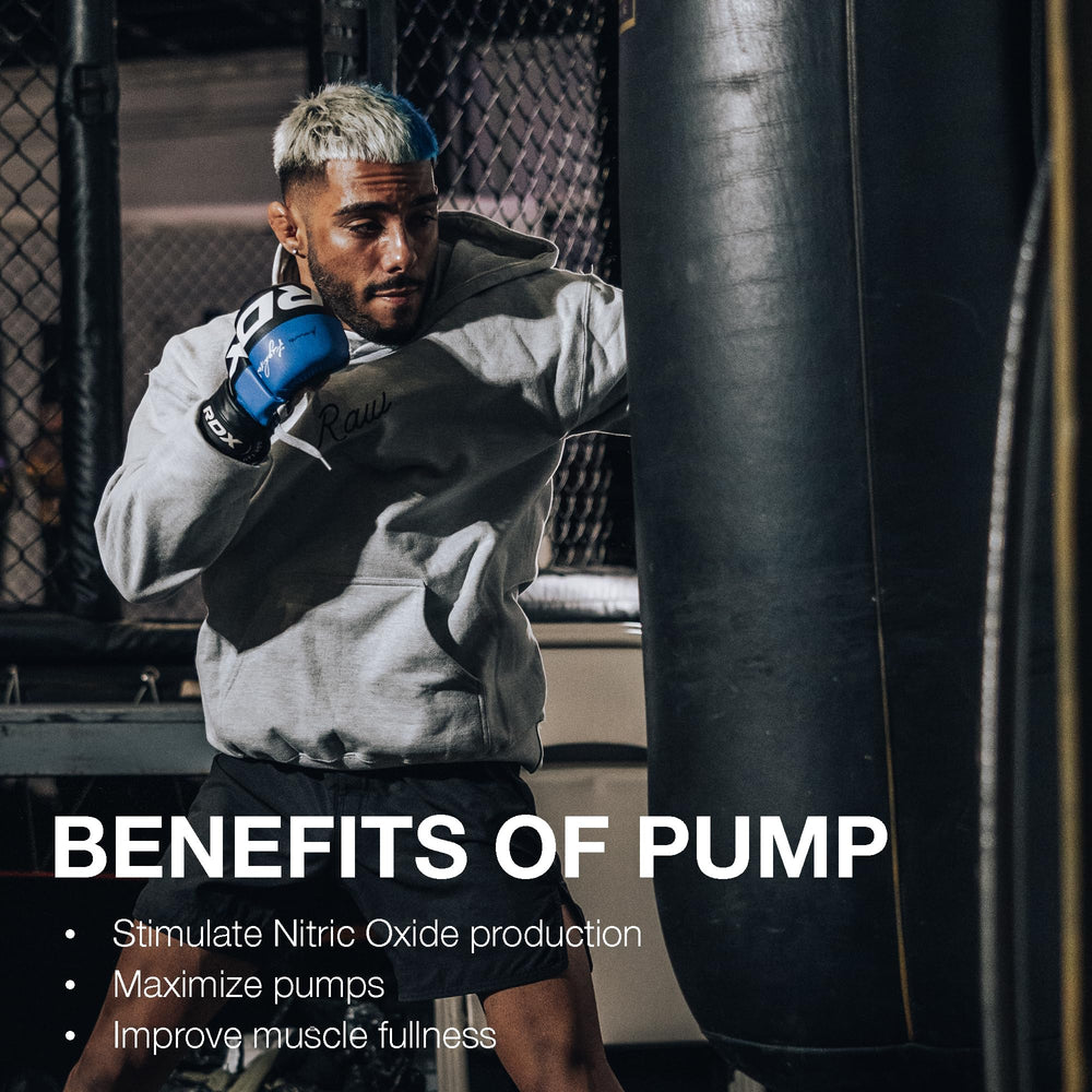 RAW Pump Stim Free ingredient panel highlights Nitrosigine and Citrulline for nitric oxide support.