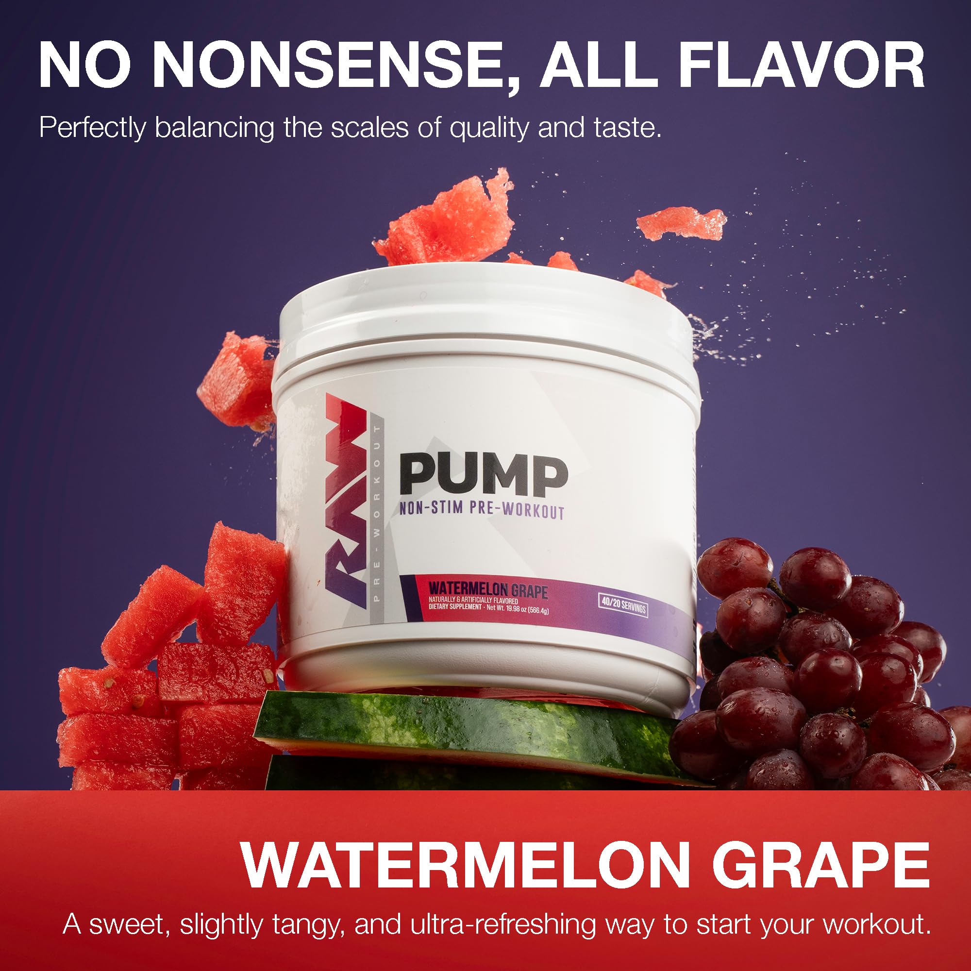 RAW Pump Stim Free powder dissolves in water with a watermelon grape flavor.