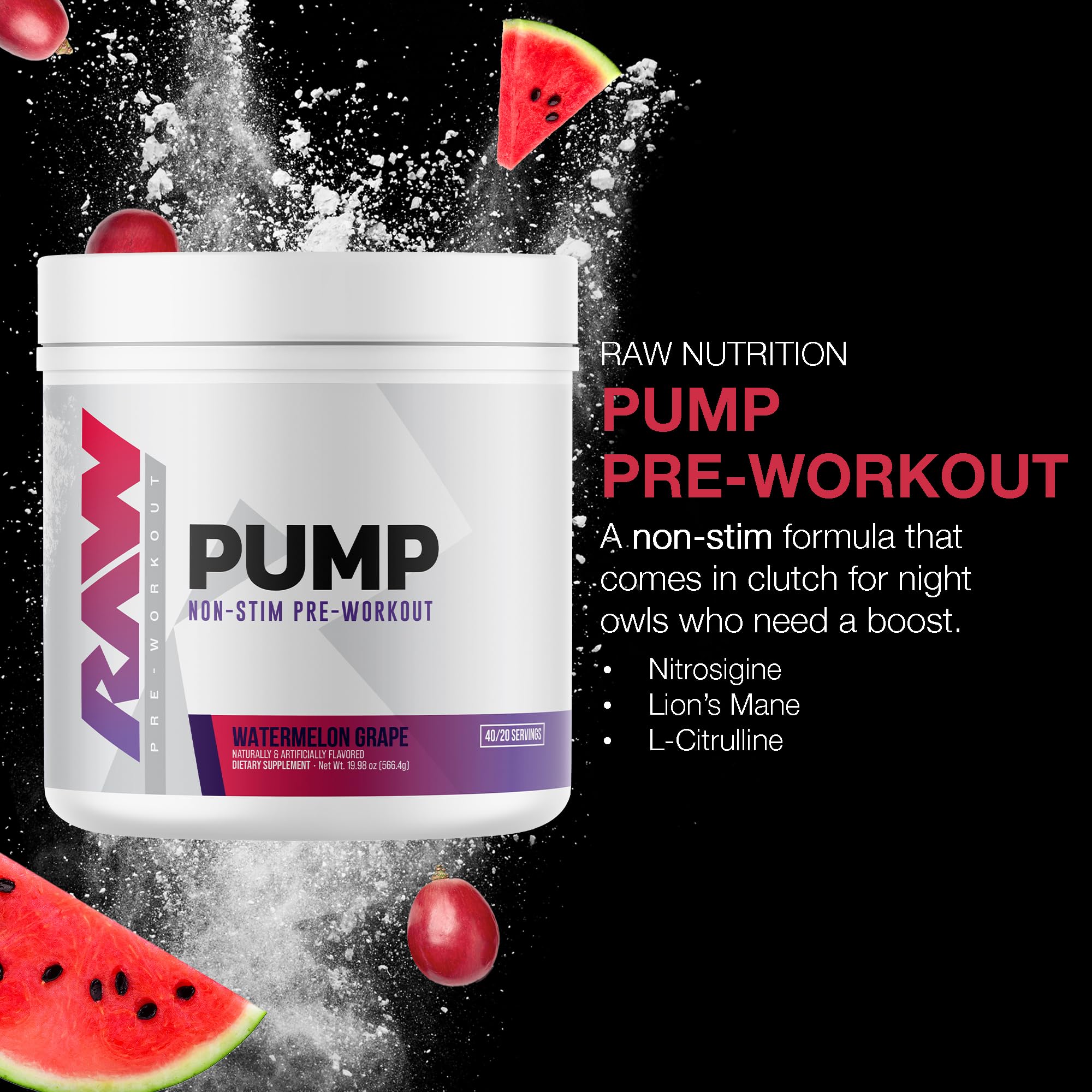RAW Pump Stim Free bottle shows label and 40-serving count for planning workouts.