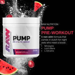 RAW Pump Stim Free bottle shows label and 40-serving count for planning workouts.