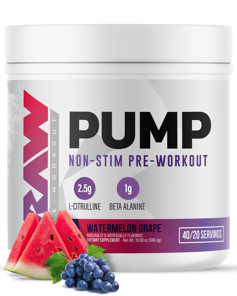 RAW Pump Stim Free Watermelon Grape powder scoop ready for pre-workout fueling.
