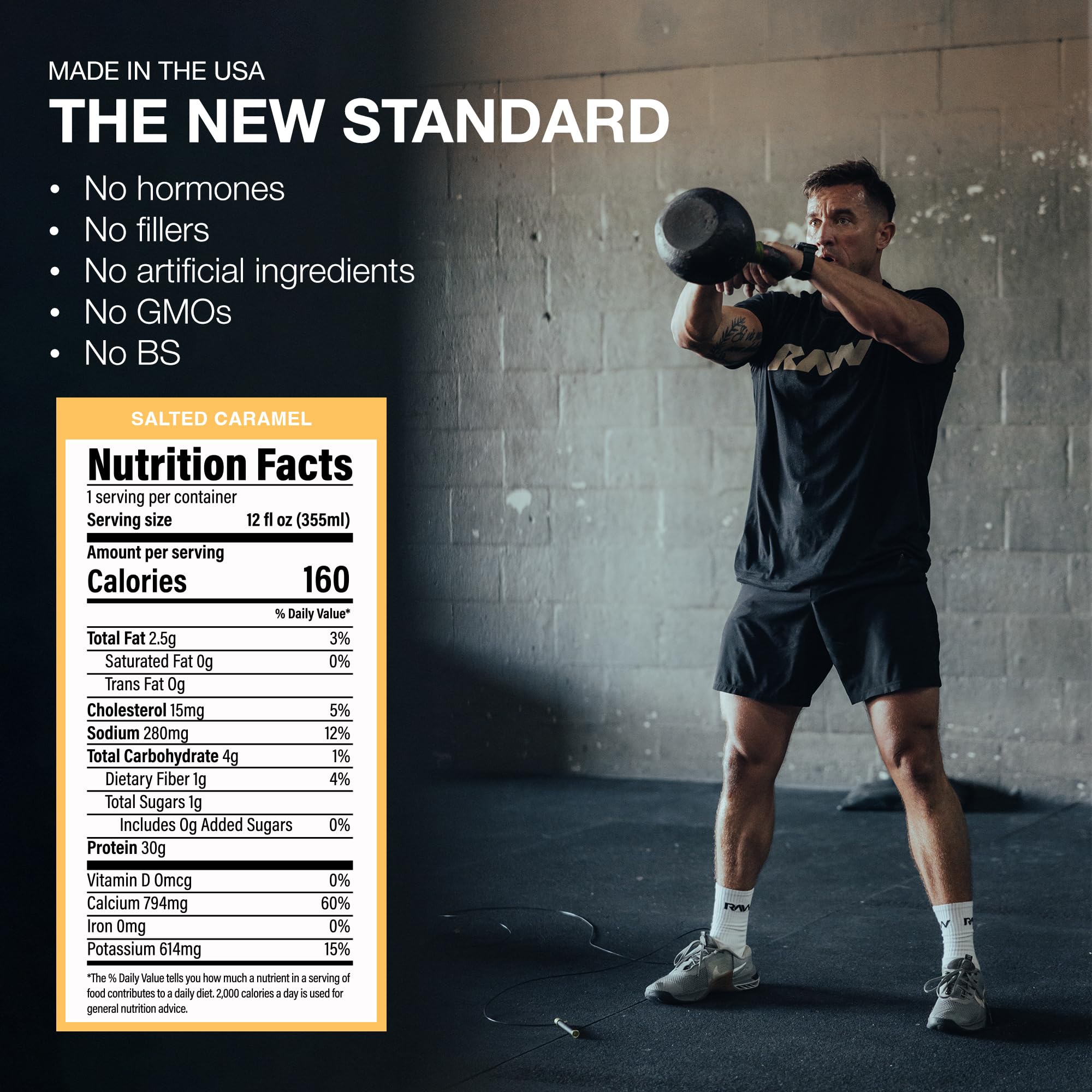 RAW Ready-to-Drink Salted Caramel shake being poured into a glass