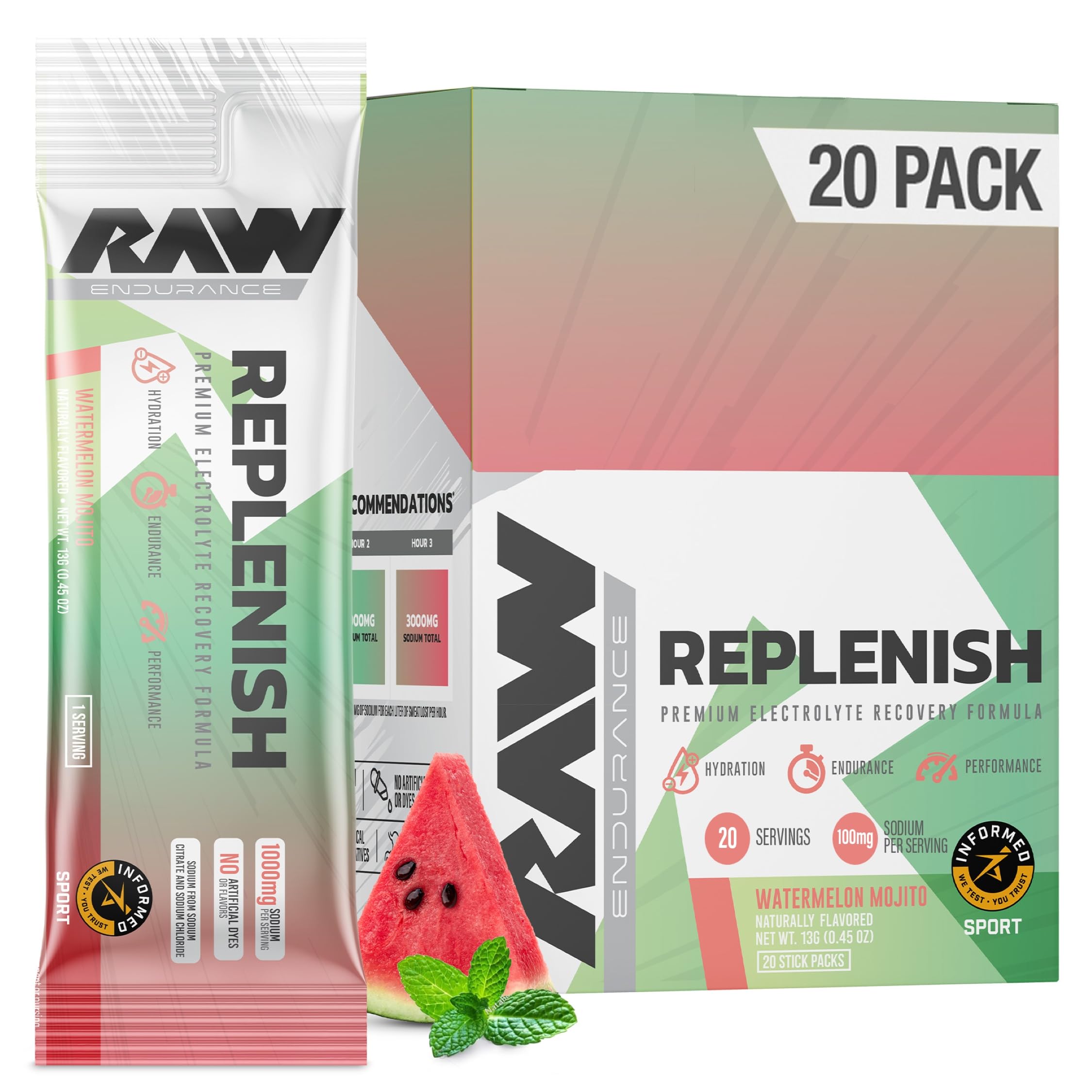 RAW Replenish Watermelon Mojito stick-pack for on-the-go hydration and quick refreshment.