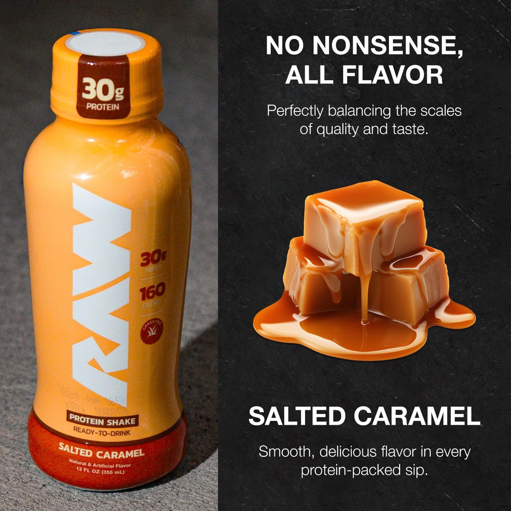 RAW salted caramel RTD shake with ice and glass for refreshment