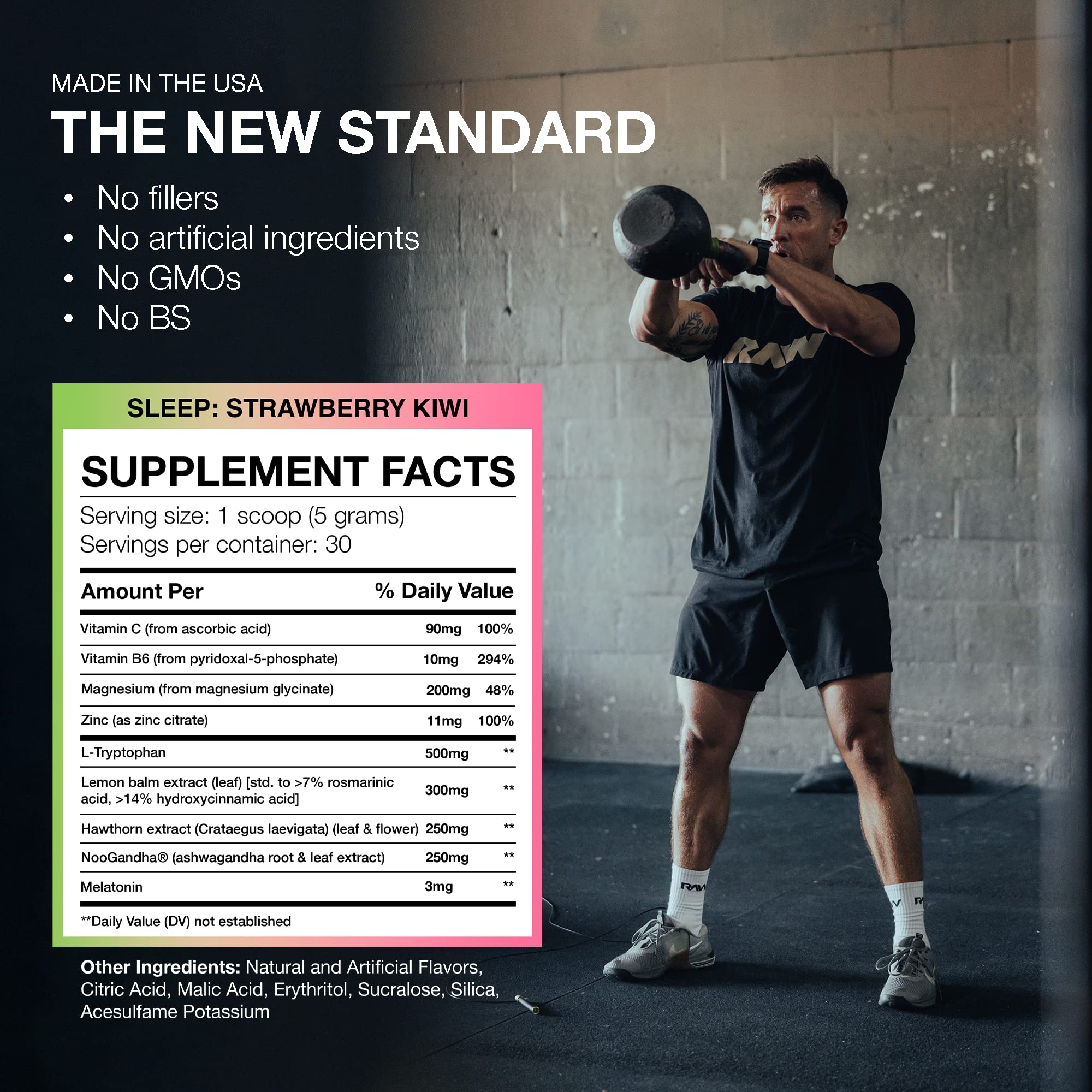 Strawberry Kiwi flavor badge on RAW Sleep bottle for a pleasant nighttime ritual.