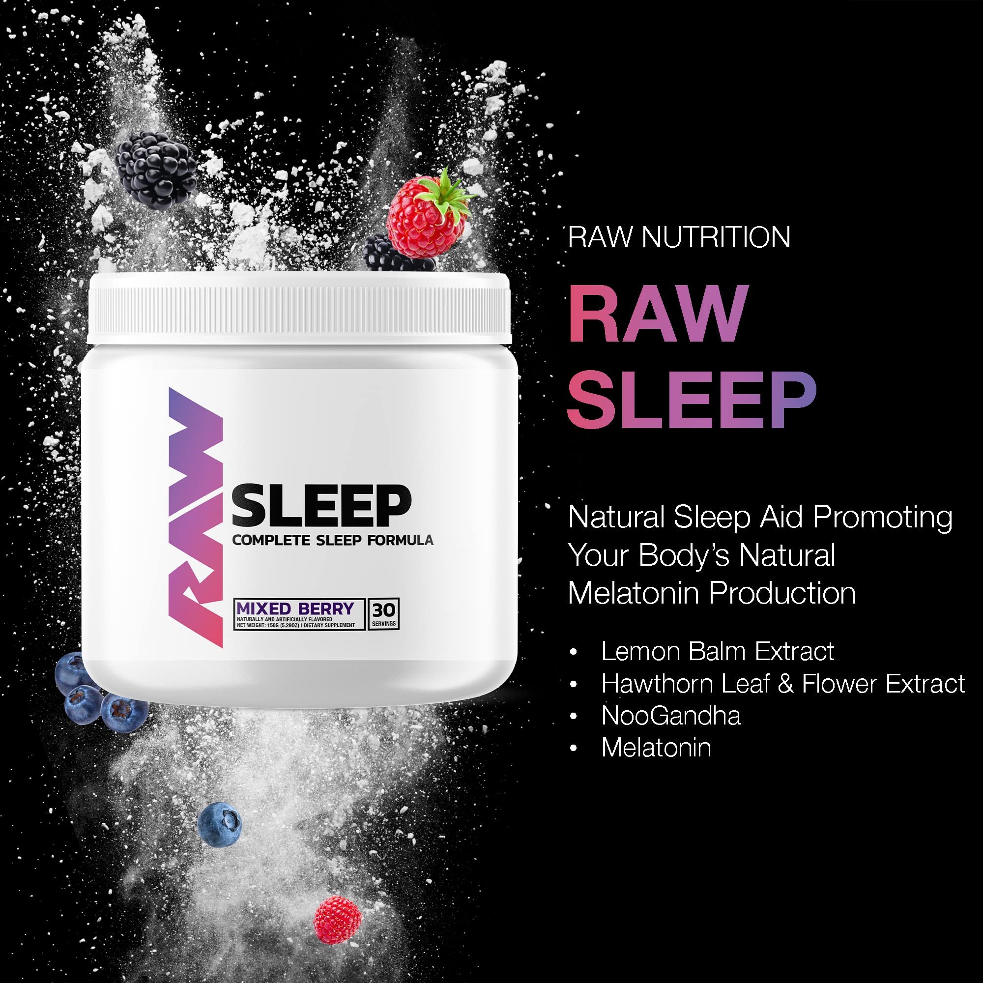 RAW Sleep label featuring mixed berry formula designed to ease winding down.