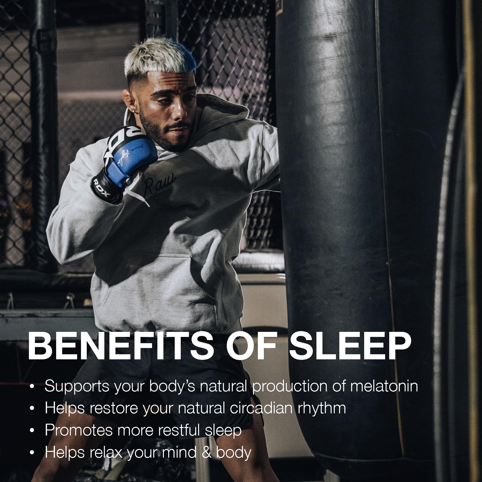 RAW Sleep lemon balm extract cameo showing soothing herbal aroma near bottle.