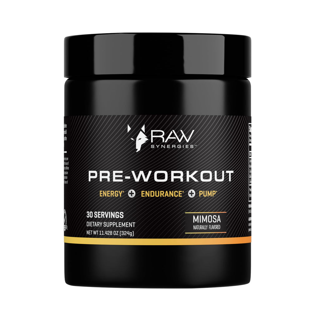 RAW Synergies Pre-Workout bottle showing sustained energy and focus.