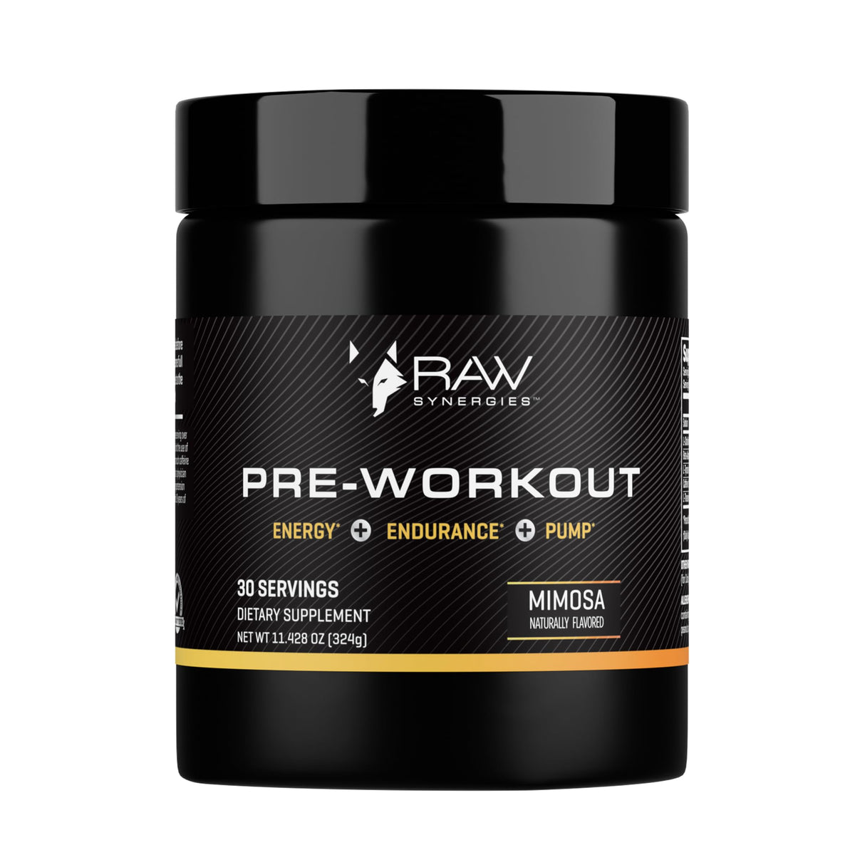 RAW Synergies Pre-Workout bottle showing sustained energy and focus.