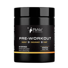 RAW Synergies Pre-Workout bottle showing sustained energy and focus.