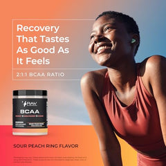 RAW Synergies vegan BCAAs scoop highlighting muscle support and clean ingredients.