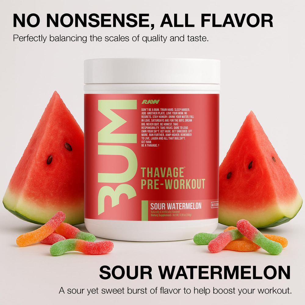 RAW Thavage bottle with label highlighting endurance-focused preworkout formula.