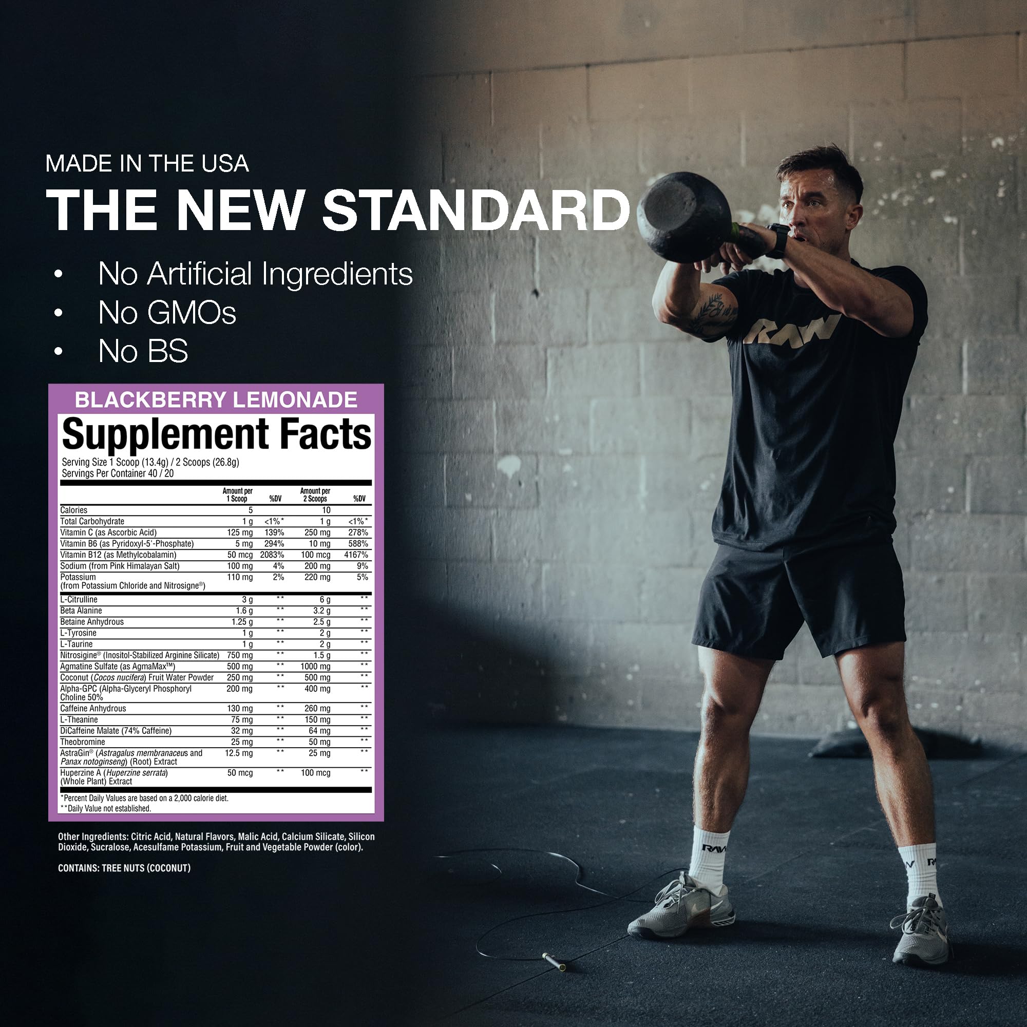 RAW Thavage ingredients panel featuring caffeine and L-citrulline.