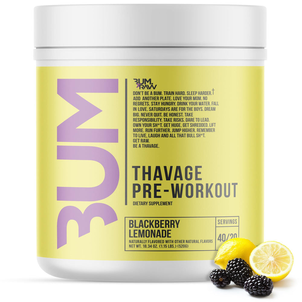 RAW Thavage preworkout bottle close-up highlighting clean ingredients.