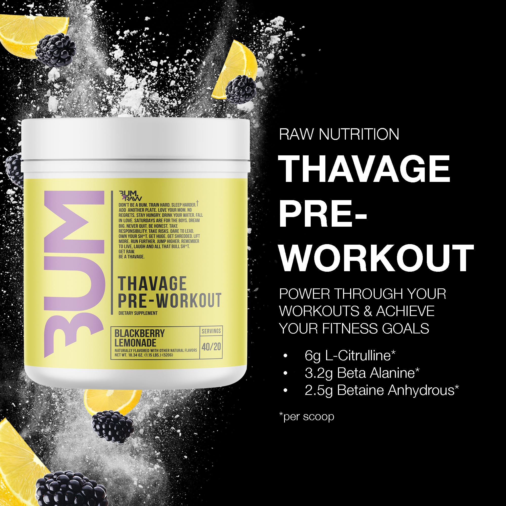 RAW Thavage preworkout can front view with clear label and flavor cues.