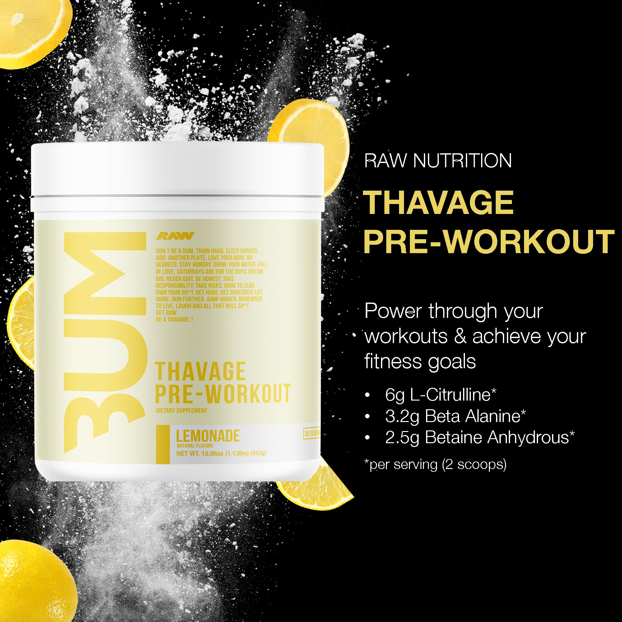 RAW Thavage tub front showcases bold Lemonade flavor for workouts.