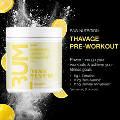 RAW Thavage tub front showcases bold Lemonade flavor for workouts.