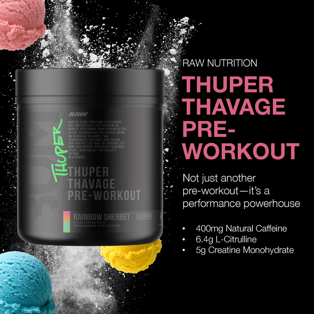 RAW Thuper Thavage powder scoop measuring a high-stim formula for focused workouts.