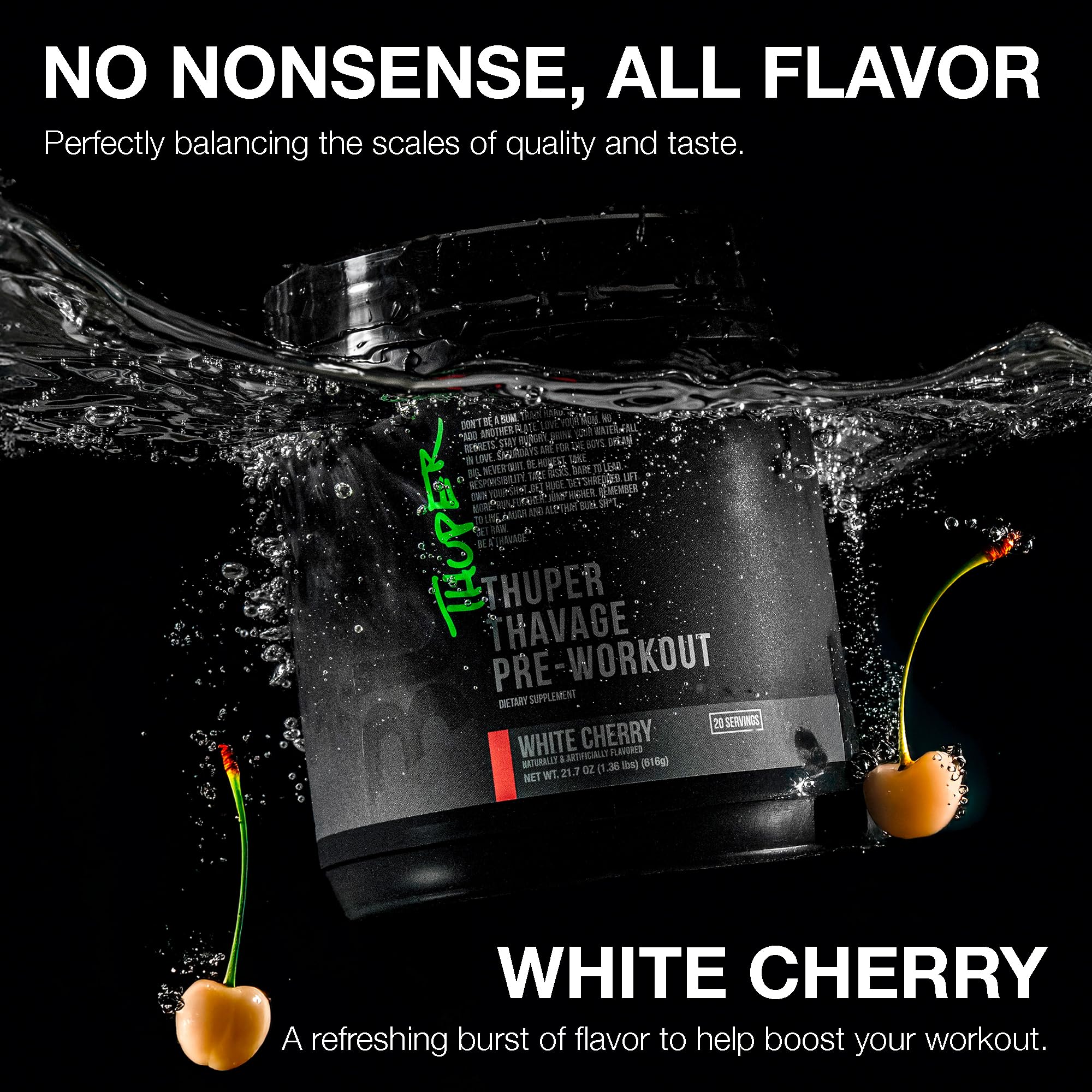 HAND holding RAW Thuper Thavage scoop for a high-energy workout boost.